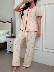 SHEIN 粉色和白色条纹蝴蝶结开衫休闲女士睡衣套装 - 黃色 - 查看 3