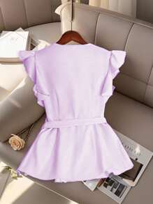 SHEIN Clasi Women's Solid Color Ruffle Cap Sleeve Round Neck Pleated Elegant Blouse - Mauve Purple - View 2