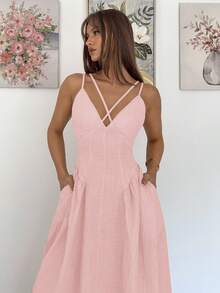 Siren Gaze 女士教师装束腰A字长裙外出礼服婚礼宾客奶油黄色奶油黄色连衣裙老式风格女士纯色交叉设计荷叶边优雅连衣裙 - 淺粉色 - 查看 2