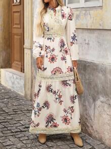 Brillora Váy ren tay đèn lồng họa tiết hoa tương phản dành cho kỳ nghỉ của phụ nữ - Màu be - Xem 8