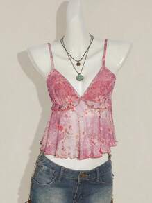 Sweetina Women's Sexy Ruffle Edge Print Cropped Backless Cami Top - Burgundy - View 4