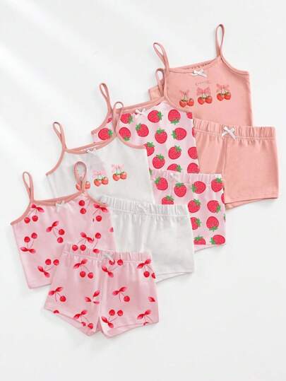 8pcs Tween Girl New Style White Tops With Red Cherry Prints, Pink Tops With Red Strawberry Prints, Solid Color Shorts, 1 Set With Pink Top And Strawberry Printed Shorts, 1 Set With White Top And Whole Strawberry Prints, All With Adjustable Straps, Bowknot Decorations On Clothes And Shorts, Soft Fabric Backto SchoolFashion Fall Winter