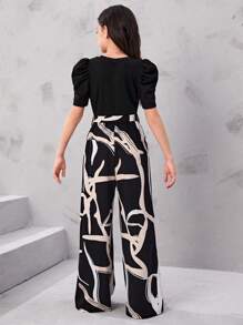 SHEIN Tween Girl Fitted Casual Geometric Pattern Patchwork Short-Sleeved Wide-Leg Jumpsuit - Black - View 2