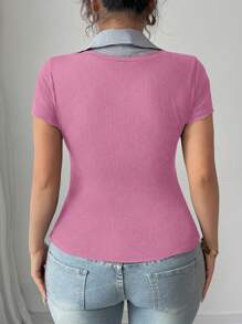 Elenzga Áo thun nữ tay ngắn cổ bẻ màu tương phản thanh lịch cỡ lớn, thiết kế thời trang đa năng, thời trang thường ngày, mẫu mới xuân/hè 2025 - Nhiều màu - Xem 2