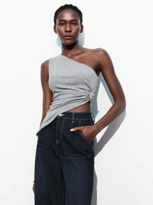Maija Women Asymmetrical Hem Metal Decor Sleeveless Bodycon Crop Top, Versatile Stylish Chic Design, Pale Yellow Old Money,Going Out Tops Women - Grey - View 4