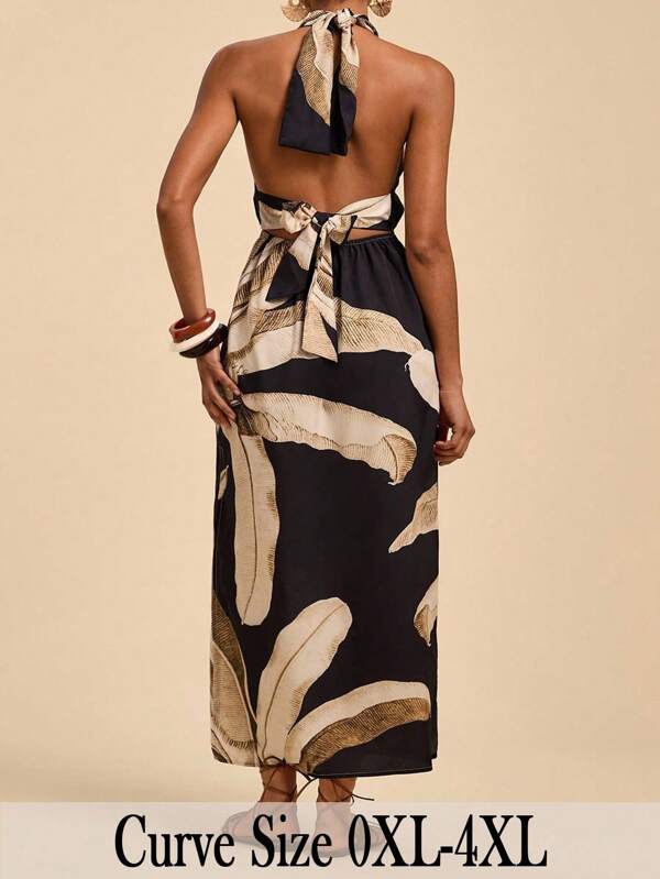 Travachic Plus Size Women's Black Leaf Print Maxi Dress, Criss-Cross Halter Neck Backless Sleeveless A-Line Loose Long Dress  Night Out  Going Out Outfits   Off The Shoulder Flowy  Boho Chic  Vacation Outfits Holiday Outfits   Urban Coastal Style Country Outfits Old Money Vintage Clothes