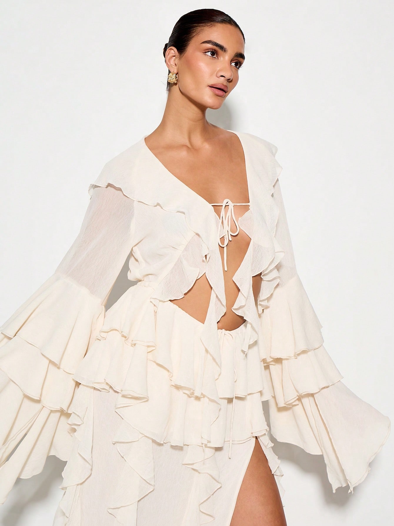 KIZN Elegant Ruffle Maxi Cover Up Chiffon Wrap Blouse With Dramatic Bell  Sleeves Resort Beach Evening Wedding Party Occasion Wear Summer  SpringMISSGUIDED