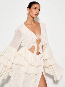 KIZN Áo choàng voan dài xếp nếp thanh lịch có tay chuông ấn tượng, thích hợp mặc đi biển, dự tiệc cưới, tiệc tối, mùa hè, mùa xuân - trắng - Xem 1