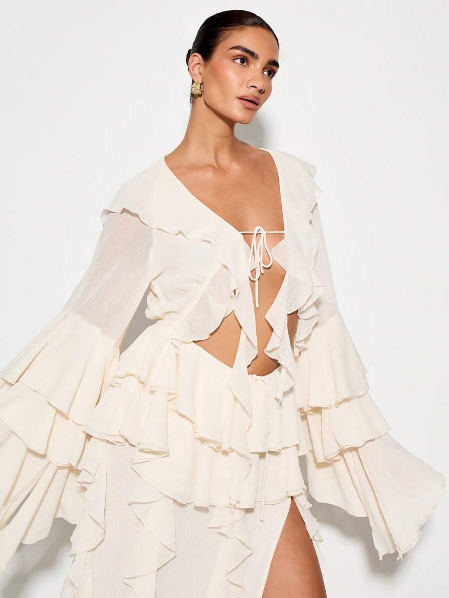 KIZN Áo choàng voan dài xếp nếp thanh lịch có tay chuông ấn tượng, thích hợp mặc đi biển, dự tiệc cưới, tiệc tối, mùa hè, mùa xuân - trắng - Xem 1