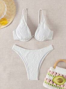 Swim SXY 女士紋路後背交叉比基尼套裝,內置底托兩件式泳裝沙灘服裝夏季假期 - 白色 - 查看 3