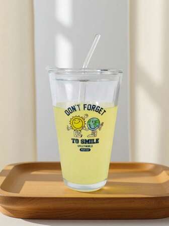 SmileyWorld® | SHEIN 450ml Cartoon & Slogan Graphic Clear Glass Cup, Gift Idea For Birthday Or Holidays