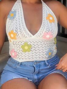 NegzBox Cute Crocheted Flower Neck Decor Blouse, Vacation Style - White - View 3