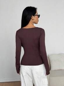 SHEIN EZwear Women's Elegant Night Out Shades Of Brown Solid Cutout Drape Collar Fitted Long Sleeve T-Shirt,Autumn Chocolate Brown Minimalism Goth Tops - Brown - View 2