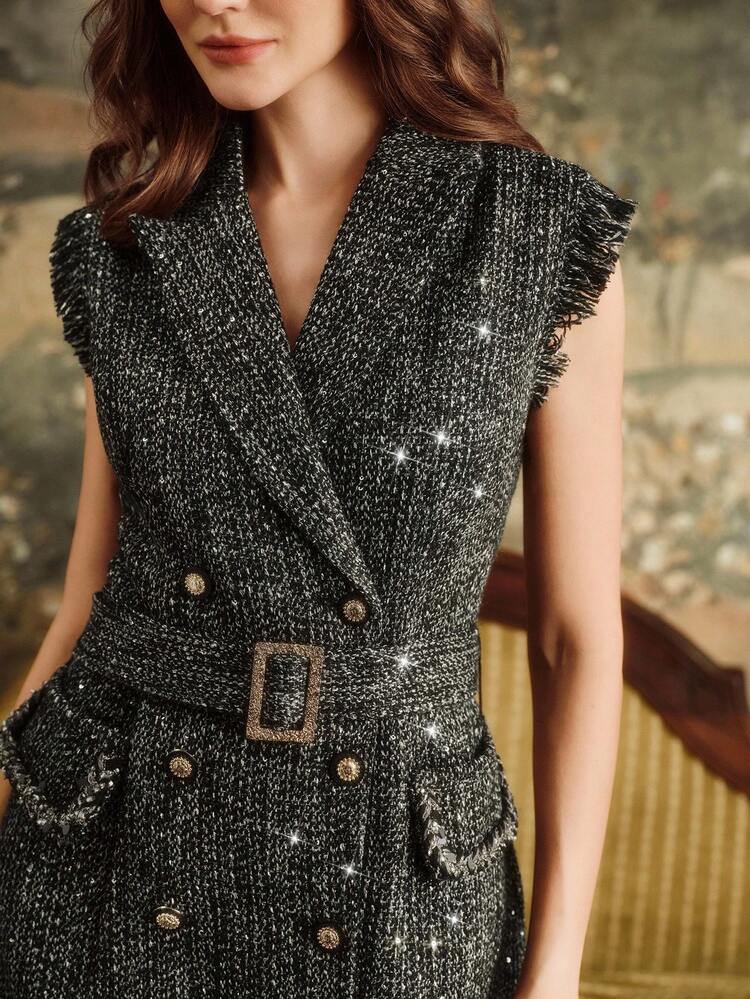 Women's Vintage Dark Sleeveless Vest, Fringe Double-Breasted Belt Waist V-Neck Midi Dress, Elegant For Autumn/Winter