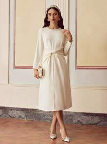ZEYLAH FAUX PEARL AND BEADED DETAIL RUCHED WAIST MIDI DRESS - Apricot - View 6