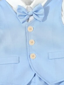 SHEIN 男婴夏季正式绅士套装三件套，短袖衬衫配蝴蝶结+单排扣马甲+休闲短裤，适合婚礼、演出、派对、生日、圣诞节、毕业典礼等场合。 - 藍色 - 查看 5