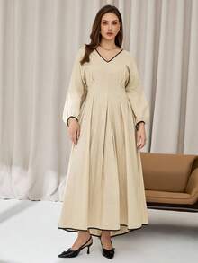 Auralis Plus-Size Women's Linen Dress, Puffed Sleeve Dress, Autumn Women's Casual Dress, Plus-Size Autumn Dress, Women's Autumn Dress Fall Clothes For Women Dresses For Women Casual Fall Women Clothes Casual Dresses - Apricot - View 1