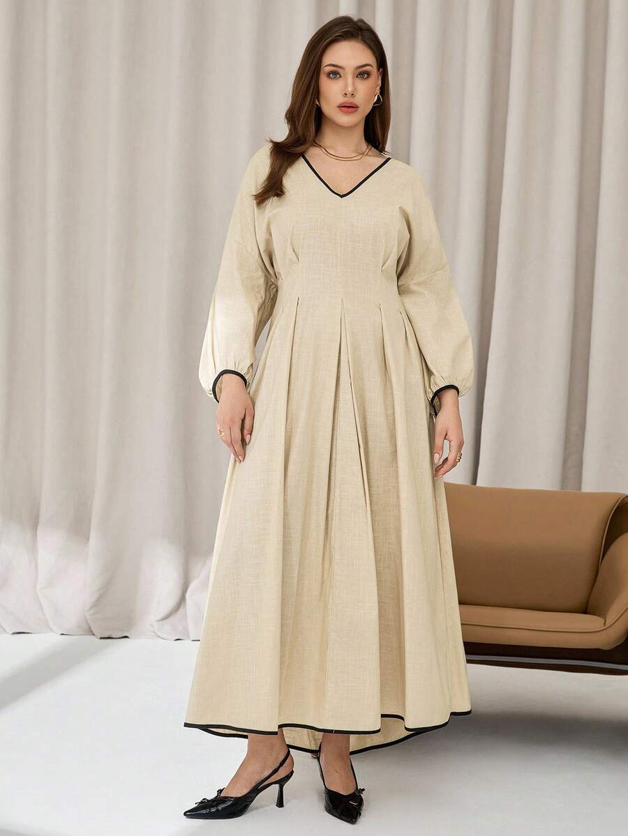 Auralis Plus-Size Women's Linen Dress, Puffed Sleeve Dress, Autumn Women's Casual Dress, Plus-Size Autumn Dress, Women's Autumn Dress Fall Clothes For Women Dresses For Women Casual Fall Women Clothes Casual Dresses - Apricot - View 1