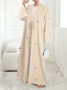Al Najma Contrast Trim, Embroidered, Floral, Tie-Front Kimono Cover Up