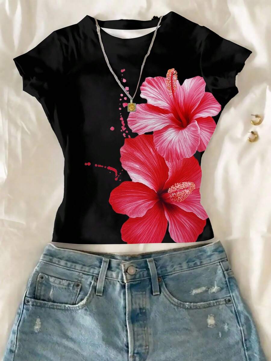 SHEIN Teen Girl Floral Print Cropped Fitted Round Neck T-Shirt, Suitable For Summer - Black - View 1