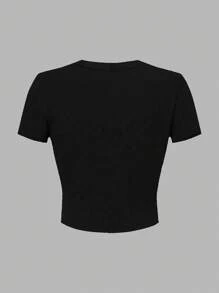 SHEIN Teen Girl Floral Print Cropped Fitted Round Neck T-Shirt, Suitable For Summer - Black - View 2