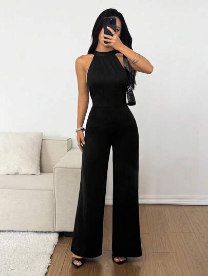 SHEIN EZwear 女士纯色阔腿优雅吊带连体裤