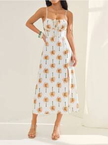 SHEIN PETITE 女士休闲度假海滩椰子树印花开衩吊带连衣裙 - 杏色 - 查看 4