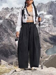 Pantalones vaqueros de pierna ancha con bolsillos, de ajuste holgado y casual para mujer - Gris Oscuro - Ver 7