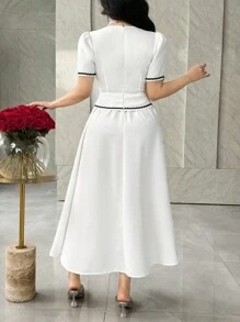 Feyla Vestido midi elegante de mujer con cuello de ojo de cerradura, mangas abultadas y cinta de contraste en la cintura