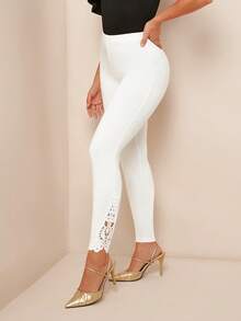 SHEIN PETITE CURVE 2pcs Women Plus Solid Color Elastic Waist Casual High-Stretch Leggings Black Lace Leggings Country Concert,Suitable For People Of Shorter Stature,Suitable For Autumn And Winter - Multicolor - View 4