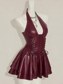 SHEIN ICON Y2k Women's Going Out Goth Burgundy Halter Fashionable Gyaru Concert Women Outfit Club Party Festival Rave Outfit Cross Strap Sexy Fashion Street Goth Style PU Leather Lace-Up Backless Mini Dress - Burgundy - View 6