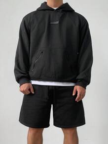 DAZY Men's Autumn Streetwear Hoodie Sweatshirt Set, Dark Grey With Patch Design - Grey - View 1
