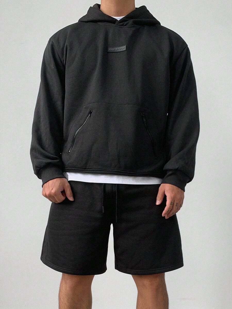 DAZY Men's Autumn Streetwear Hoodie Sweatshirt Set, Dark Grey With Patch Design - Grey - View 1