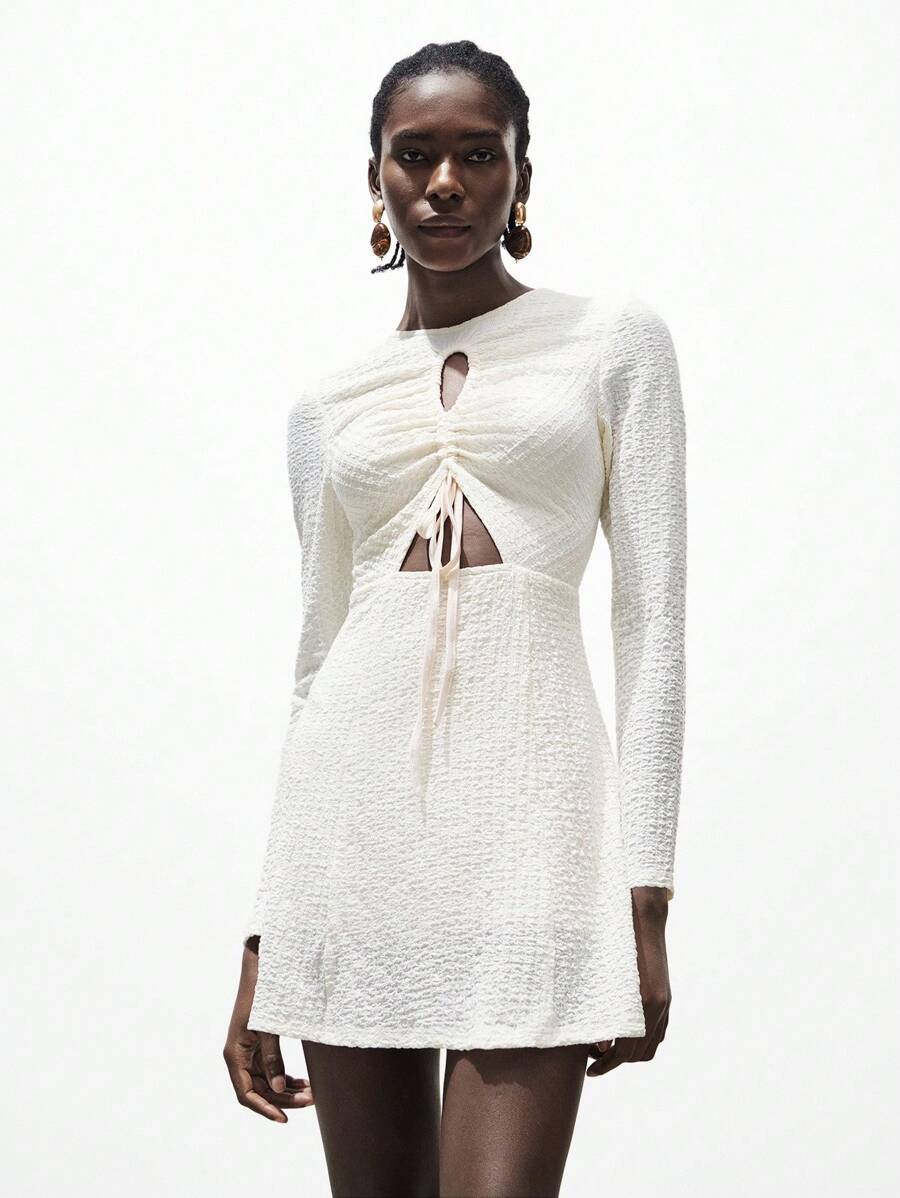 Lumivelle Women's Hollow-Out Front Drawstring Dress, Elegant Style For Early Autumn Autumn Dress Casual Outfits Spring Clothes For University Fall Cloth For Women - Apricot - View 1