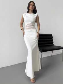 Firerie 全新夏季女式优雅淑女度假旅行浪漫约会白色无袖腰部透明网眼荷叶边鱼尾连衣裙 - 白色 - 查看 4