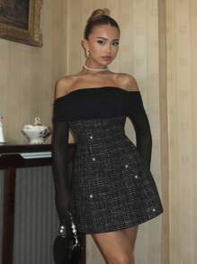 Glamine Charm Glamine Women's Elegant Black & White Tweed Contrast Lace Off Shoulder A-Line Dress, Wedding Guest Dress, Classy Outfits, School Ready, Halloween, Y2K, Vintage, Streetwear, SequinDress, Retro Chic, Patchwork Skirt, PartyMustHave, Minimalist Style, Island Style, Girly AU, Elevated Elegance, Elegant Winter, Cool Wear Collection, Best Seller, Chic Autumn, Chequered, Autumn Dress, #Affordablefashion Sparkly Tweed Mini Dress Black Tweed Dress Black Off The Shoulder Dress Rhinestone Tweed Dress, Christmas - Black - View 1