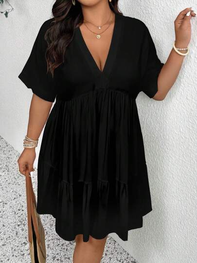 SHEIN Frenchy Cute Black Plus Size Smock Dress With Ruffle Hem And Flounce Sleeves Black Summer Dress Women Black Casual Dress,Holiday Outfits For Women Chic Dress