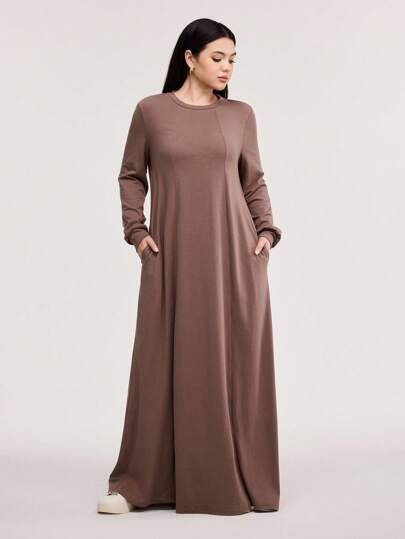 Veilorie 女士休闲纯色阿拉伯风格连衣裙，春秋季节，朴素长袖连衣裙，非常适合海滩/休闲/度假/家居服/日常穿着