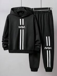 2pcs Teenager Autumn Hooded American Style Long Sleeve Graphic Print Hoodie & Drawstring Waist Casual Sweatpants Set Chic Outfits For Autumn/Winter Teen Boys Tracksuit Hoodie And Sweatpants Set Fall