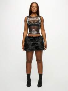 SUMWON WOMEN Halloween Faux Fur Mini Skirt Club Party Wear Winter Fashion Festival Clubwear Fluffy Mini Skirt With Furry Design - Black - View 4