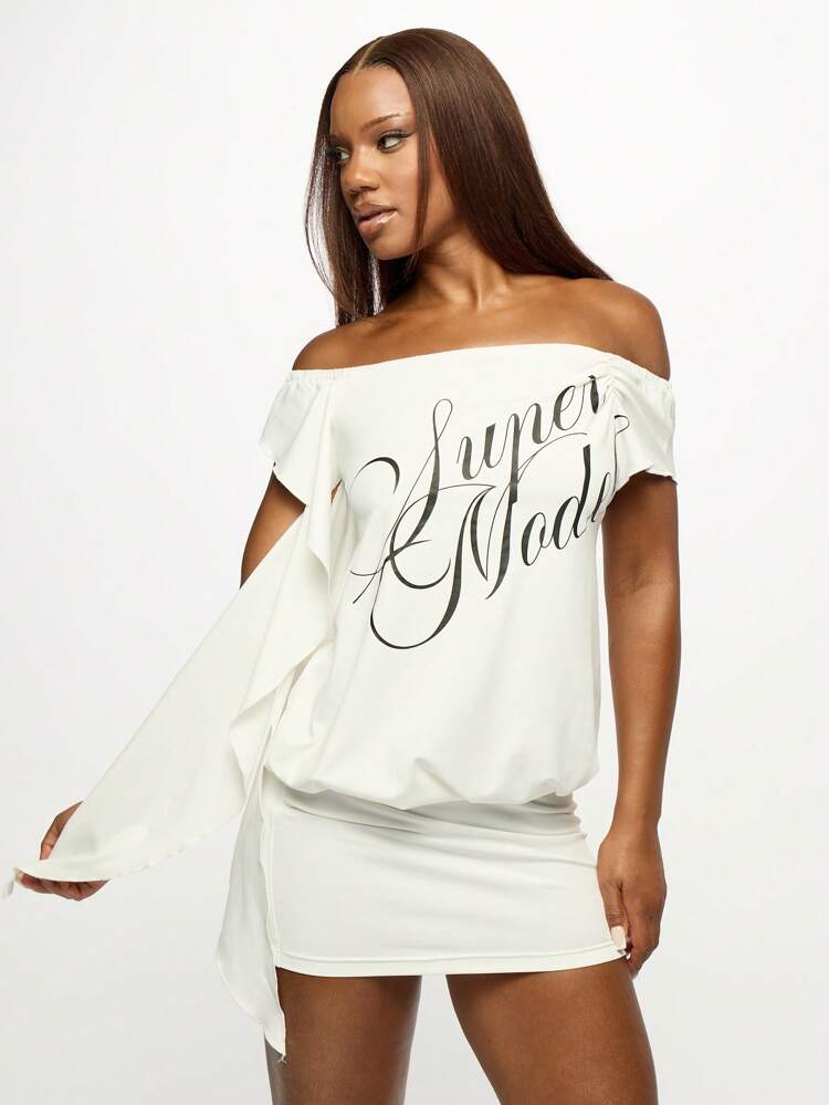 SUMWON WOMEN Off Shoulder Ruched Mini Dress With Graphic Script Print Asymmetric Ruffle Side Detail Summer Holiday Evening Party Dress