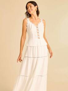 CAJUNI Falda acampanada de encaje y parches para mujer, estilo vintage casual para ir al trabajo - Blanco - Ver 6