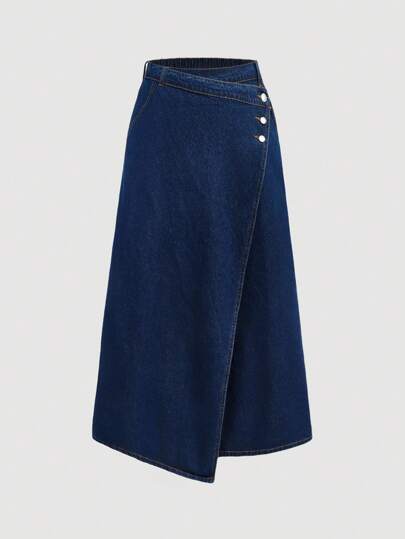 SHEIN MOD Plus Size Casual Sweet Loose A-Line Blue Denim Mini Skirt