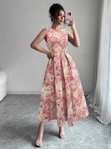 Elenzga 女式彩色印花圆领无袖中长连衣裙 - 彩色 - 查看 4