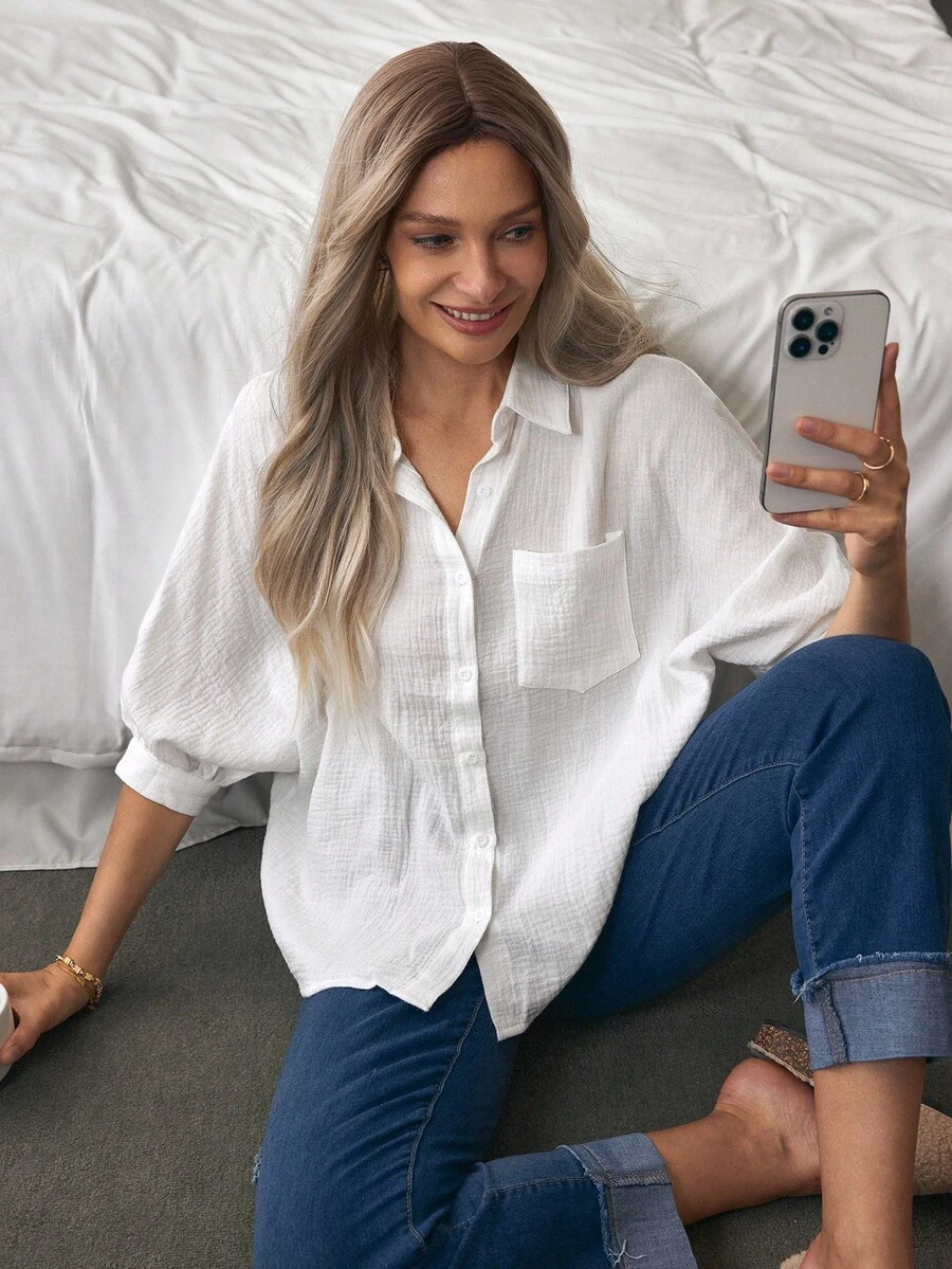 Louniche 口袋設計貼紋領子襯衫 - 白色 - 查看 1