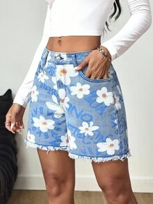 SHEIN Tall Women's Summer Casual Vacation Style Floral & Letter Print Raw Edge Denim Shorts, Tall Women - Light Wash - View 3