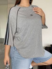 Dazy Plus Contrast Color Patchwork Ribbon Loose Round Neck 3/4 Sleeve Plus Size Street Style T-Shirt For Women, Early Autumn