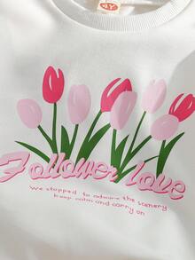 Conjunto de sudadera con cuello redondo, manga larga con estampado de letras y dibujos animados con encaje, y pantalones acampanados ajustados, estilo coreano de moda para niñas, para primavera/otoño - Rosa - Ver 4