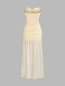 Sweetra 女士优雅网眼拼布修身高品质办公室风扭纹连衣裙 - 杏色 - 查看 2