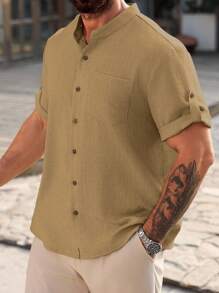 Manfinity Homme Plus Size Men's Casual Solid Color Short Sleeve Loose Fit Shirt, Summer - Beige - View 5
